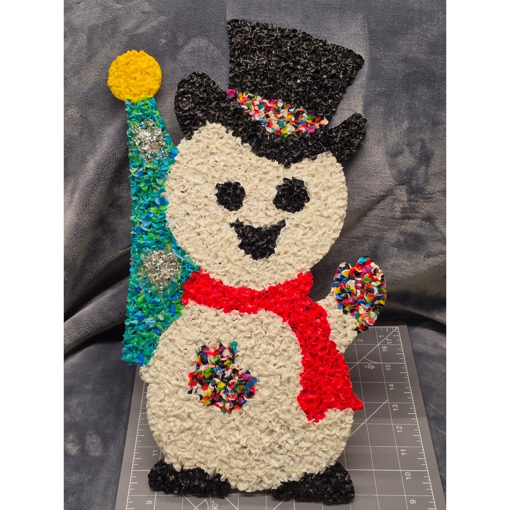 Vintage Melted Plastic Popcorn Snowman Christmas Wall Hanging Retro Decor